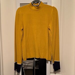 Ann Taylor Mustard Yellow Long Sleeve Mock Neck Top with Navy and White trim
